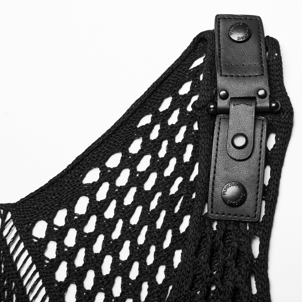 Close-up of edgy knit techwear dress strap with faux leather buckle detail, showcasing unique texture.