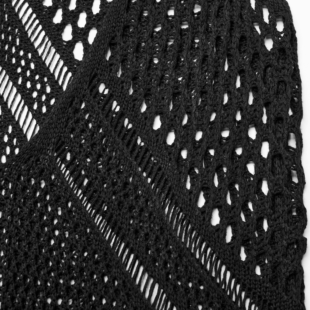 Close-up of edgy knit texture from the v-neck slit dress, showcasing intricate patterns and futuristic style.