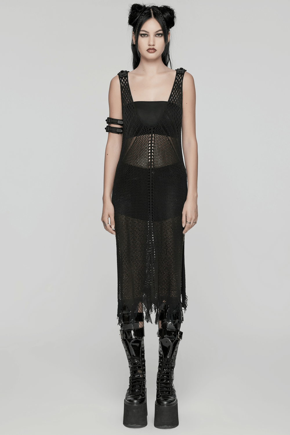 Edgy knit techwear dress for women, featuring V-neck and symmetrical slit hems, perfect for daring fashion statements.