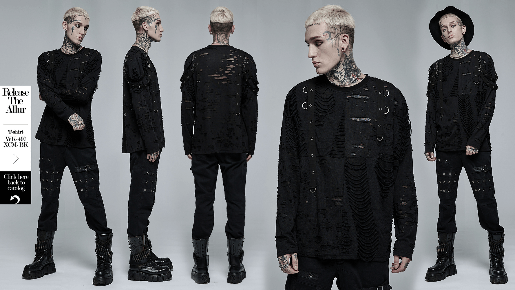 Edgy knitted top with destructed holes and loops, showcasing goth style and unique textures for daily wear.