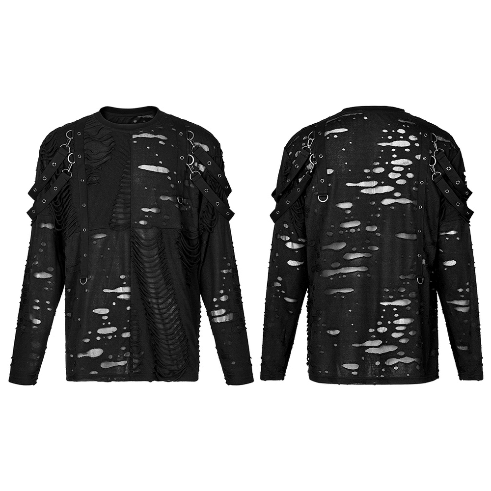 Edgy black knitted top featuring destructed holes and removable loops, perfect for goth fashion enthusiasts.