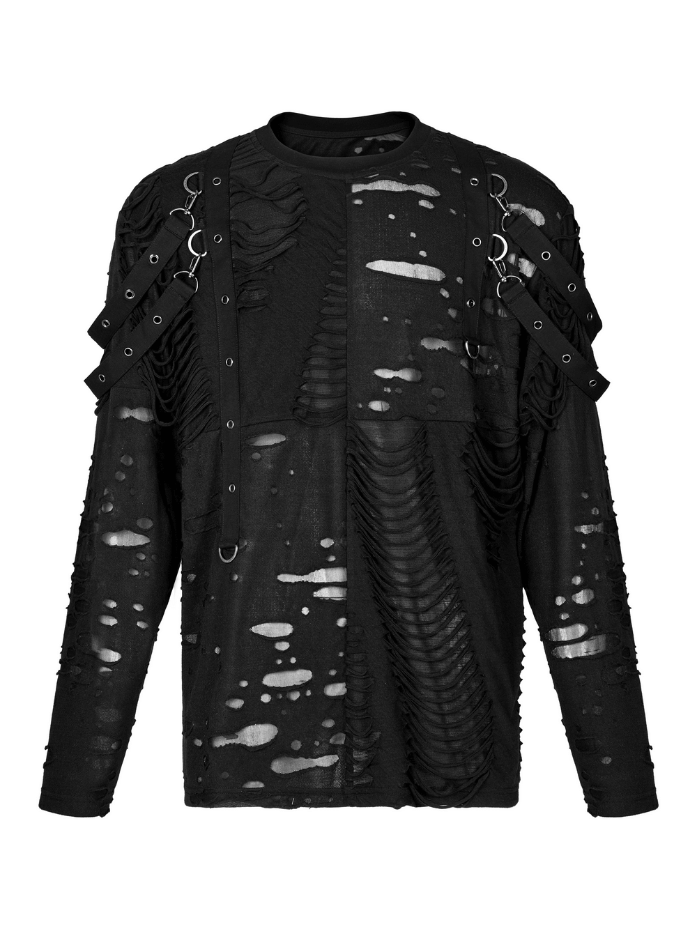 Edgy black knitted top featuring destructed holes, loops, and textures for a unique goth style.