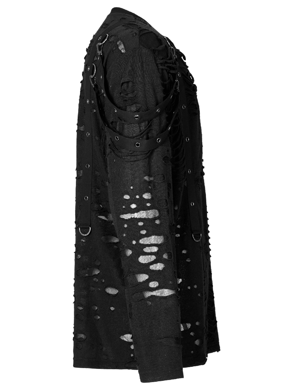 Edgy black knitted top with destructed holes and removable loops, perfect for goth fashion lovers.