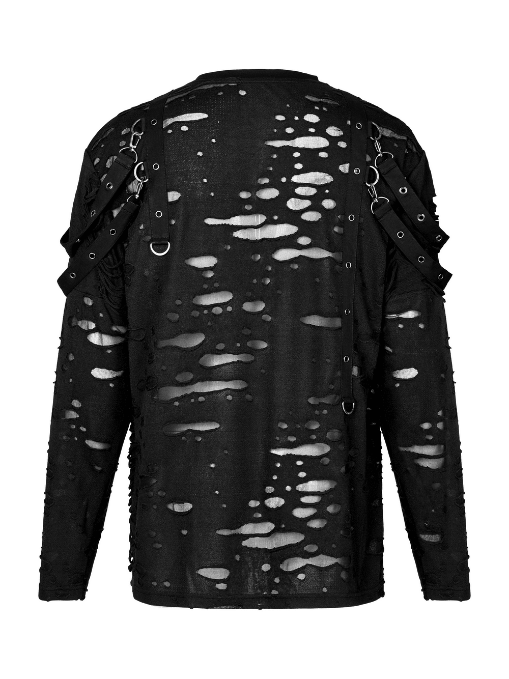 Back view of an edgy knitted top with destructed holes and removable loops for customizable goth fashion.