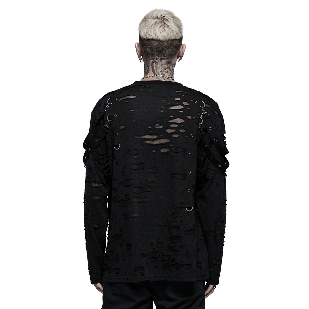 Back view of an edgy black long sleeve top with destructed holes and removable loops, showcasing gothic style.