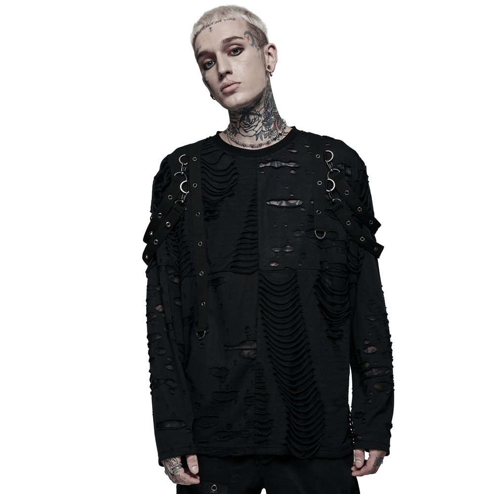 Edgy black knitted top featuring destructed holes and removable loops for a stylish goth look.