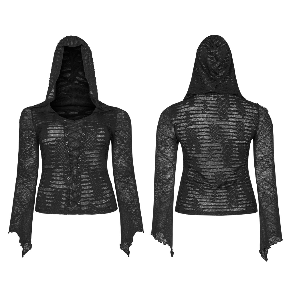 Edgy Lace Hooded Top with Eyelet Lace-up Detail - HARD'N'HEAVY