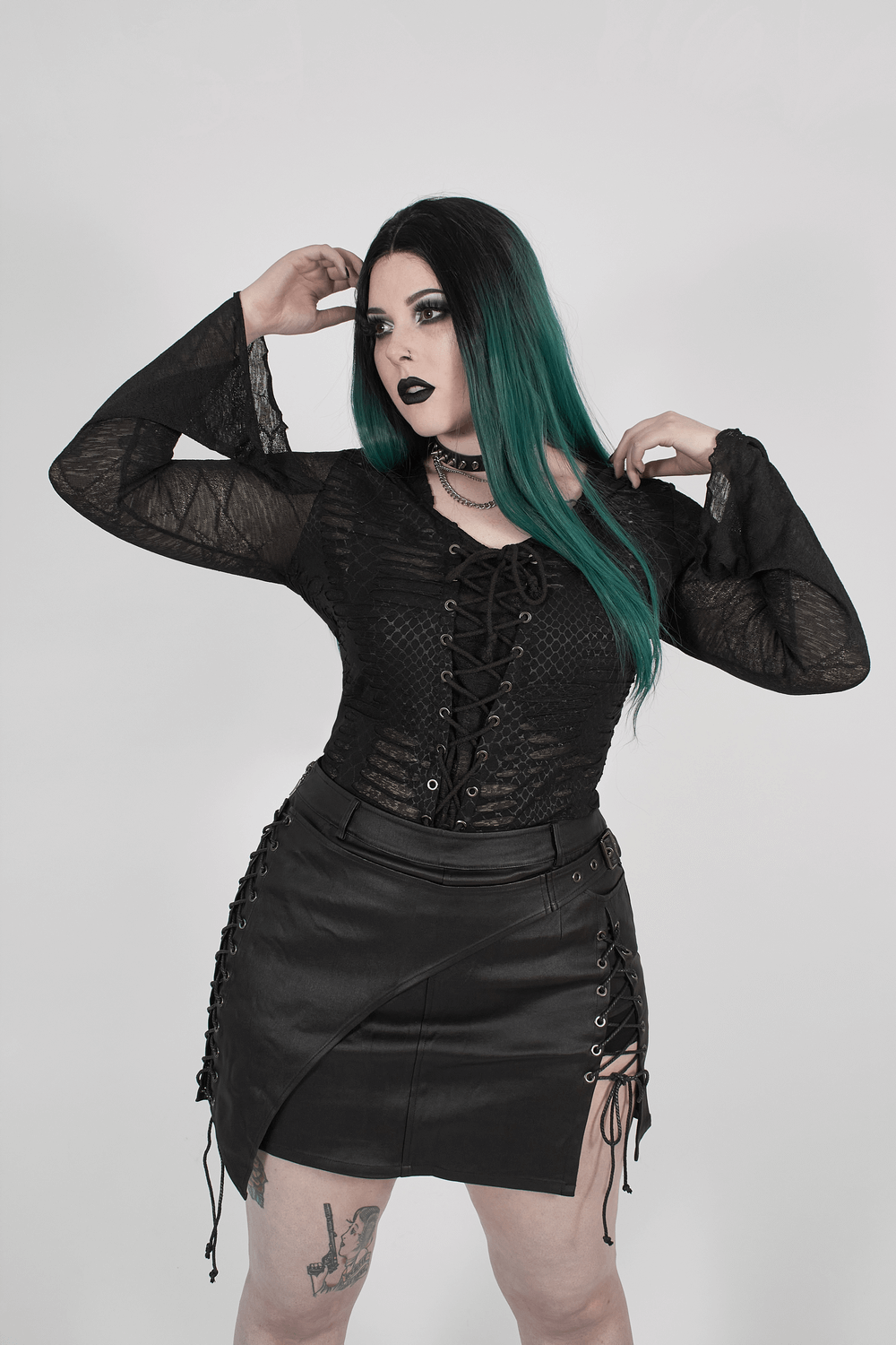 Edgy Lace Hooded Top with Eyelet Lace-up Detail - HARD'N'HEAVY