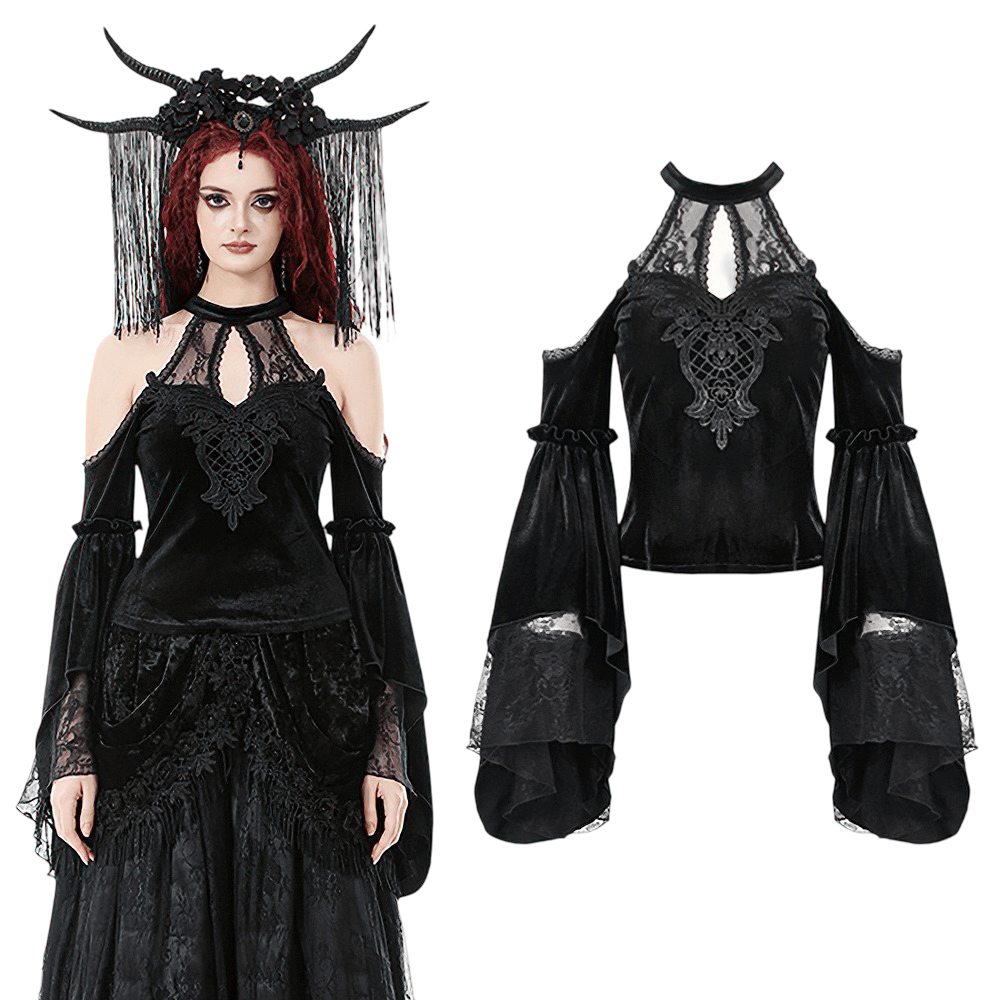 Edgy Lace Off-Shoulder Gothic Top with Dramatic Sleeves showcased on a model and flat lay.