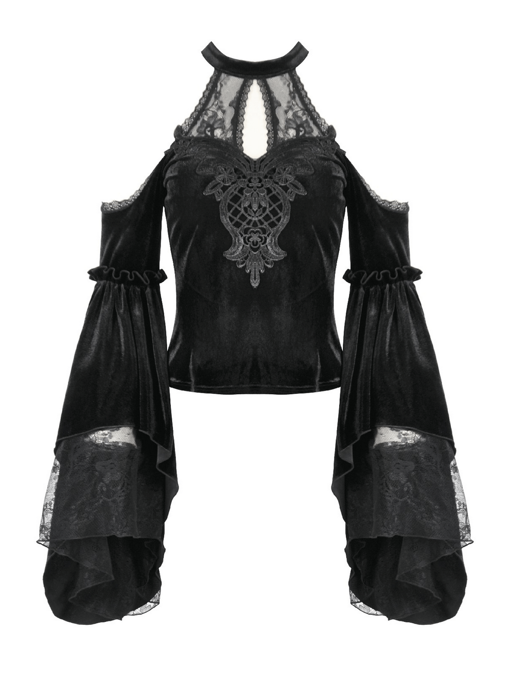 Edgy Lace Off-Shoulder Gothic Top with Dramatic Sleeves featuring lace detailing and bell sleeves.