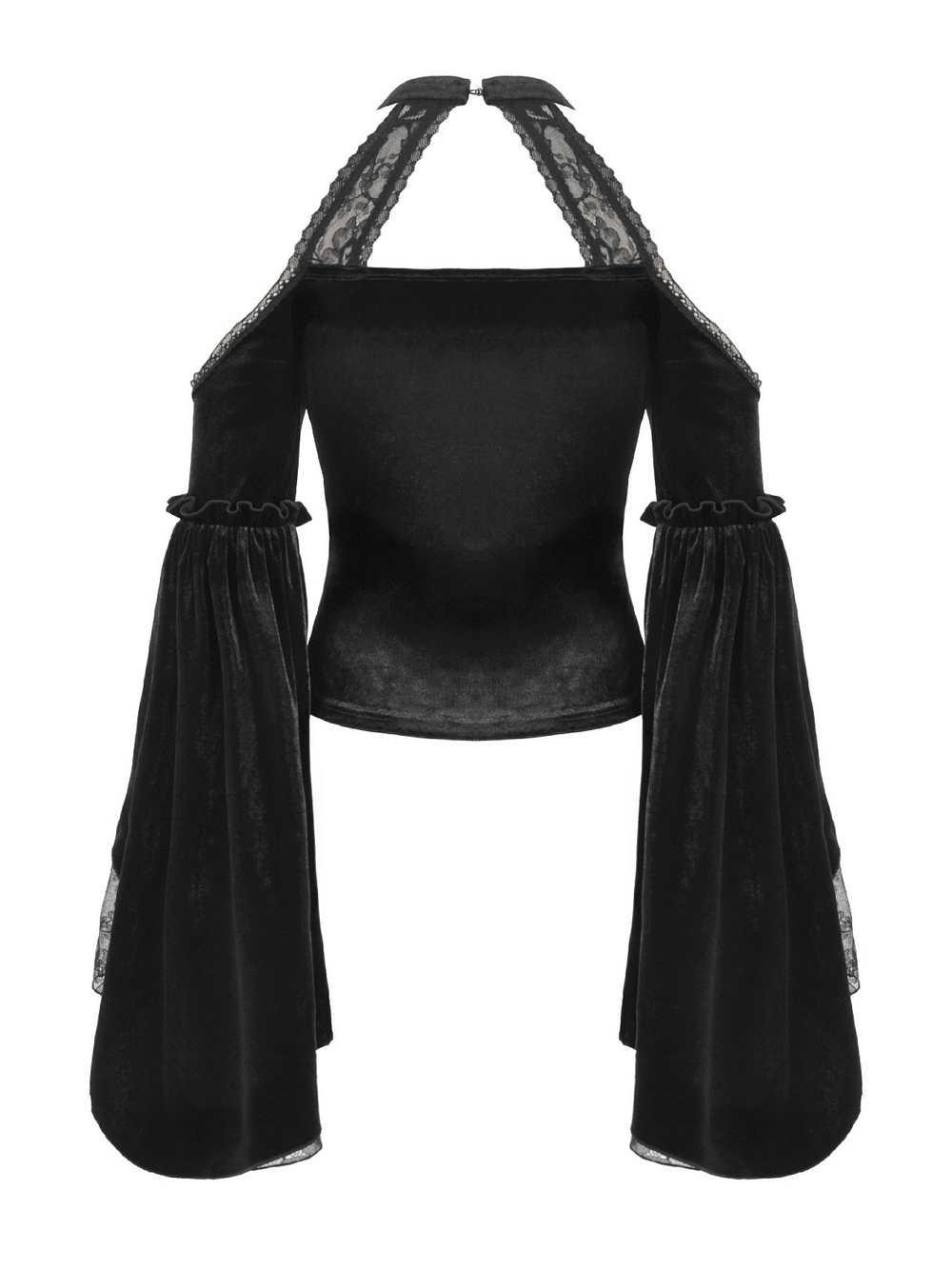 Edgy Lace Off-Shoulder Gothic Top with Dramatic Sleeves featuring lace detailing and bell sleeves in black.