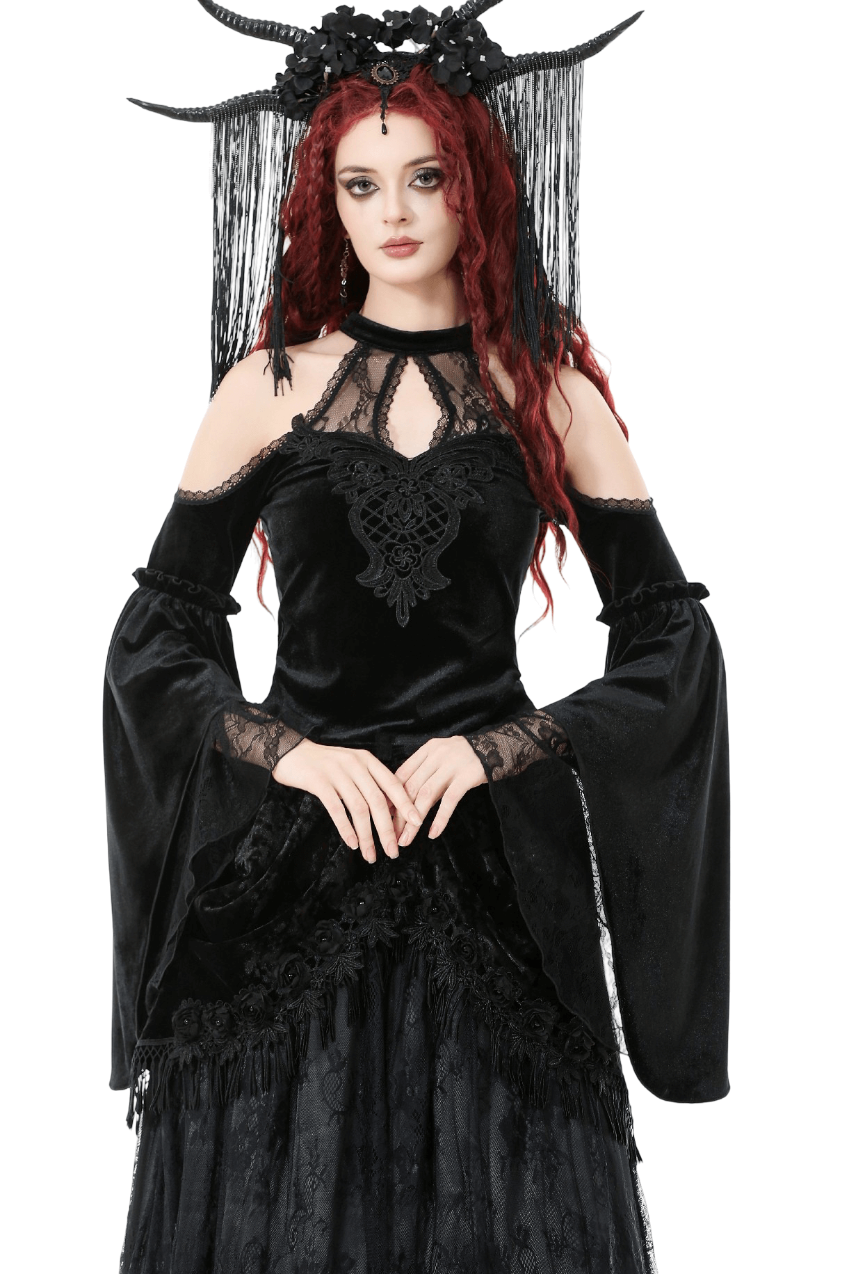Edgy Lace Off-Shoulder Gothic Top with Dramatic Sleeves worn by model with red hair and elaborate gothic accessories.