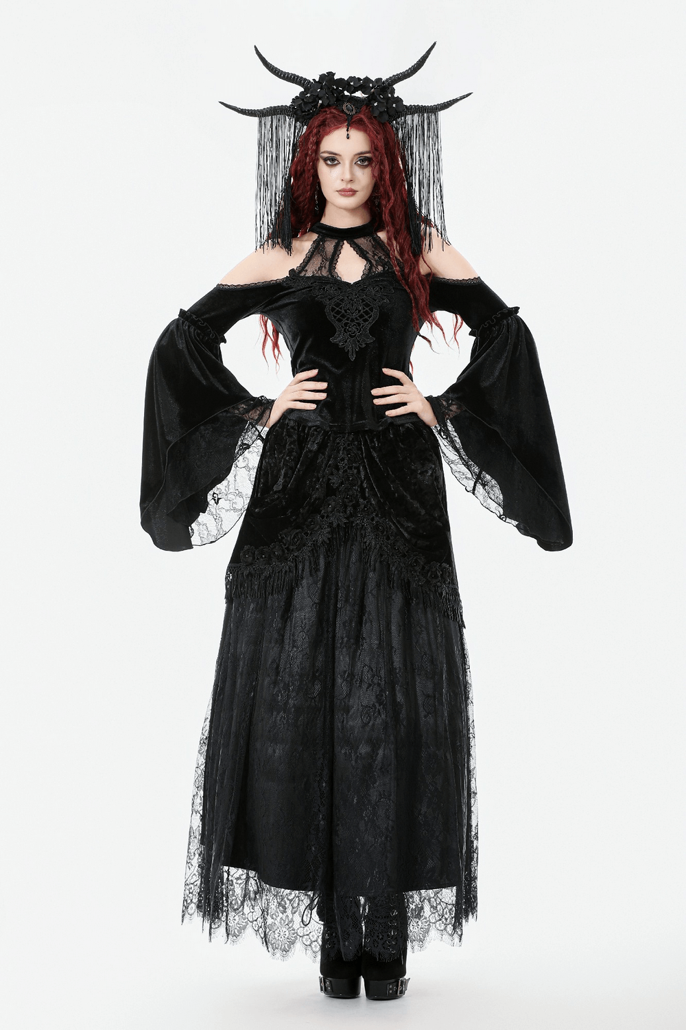 Edgy Lace Off-Shoulder Gothic Top with Dramatic Sleeves worn by a model with red hair and horns.