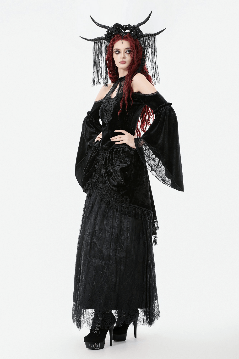 Edgy Lace Off-Shoulder Gothic Top with Dramatic Sleeves worn by a model with red hair and dramatic horns.