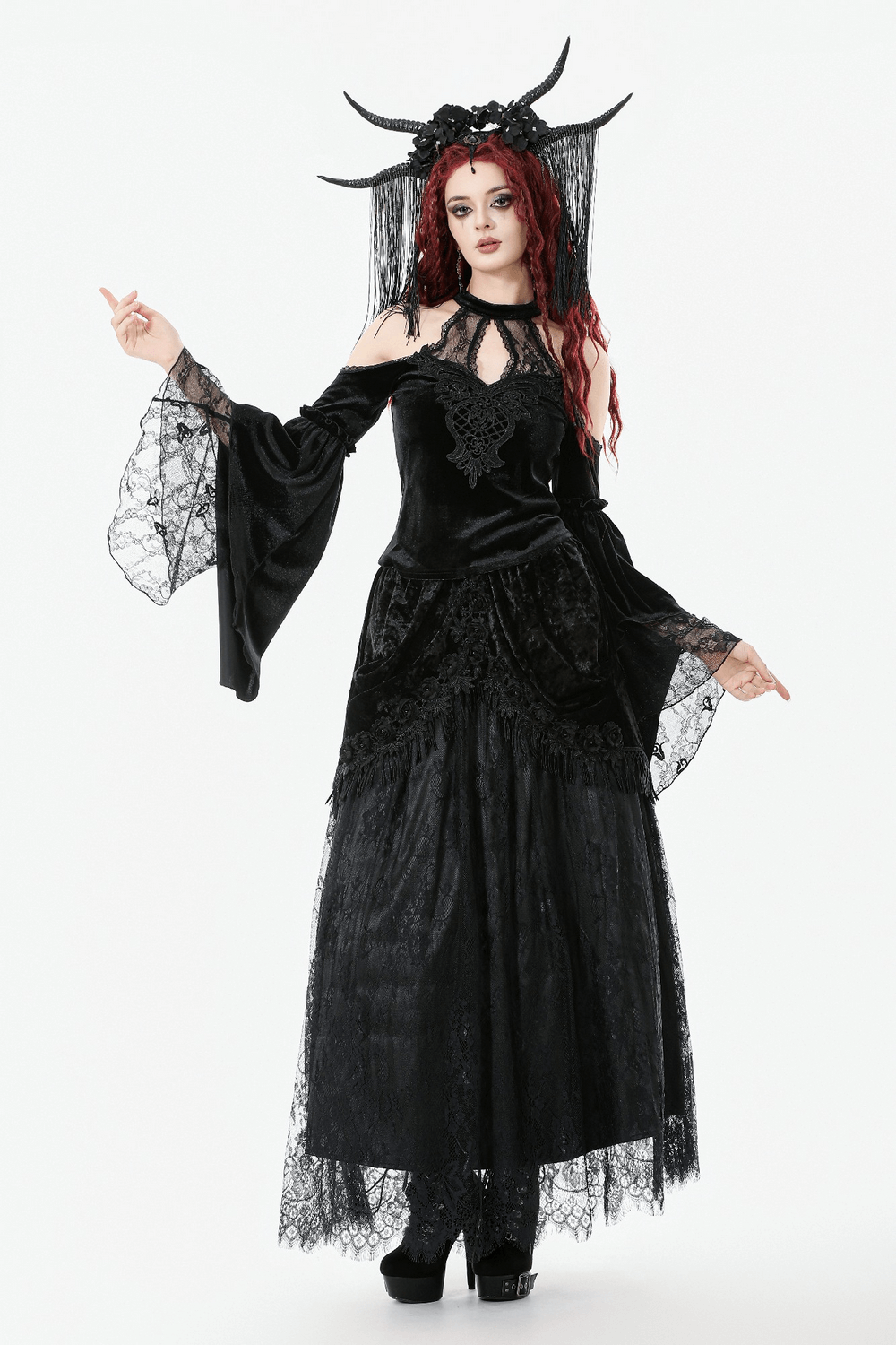 Edgy Lace Off-Shoulder Gothic Top with Dramatic Sleeves worn by a model, featuring dramatic bell sleeves and lace detailing.