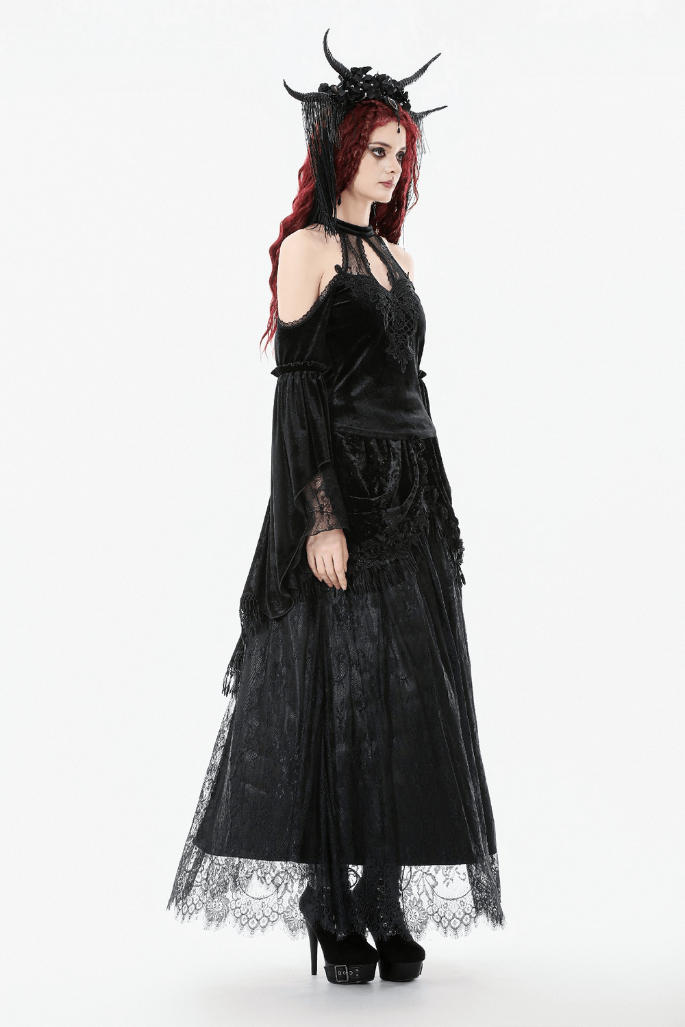 Edgy Lace Off-Shoulder Gothic Top with Dramatic Sleeves displayed on a model in a striking black outfit.