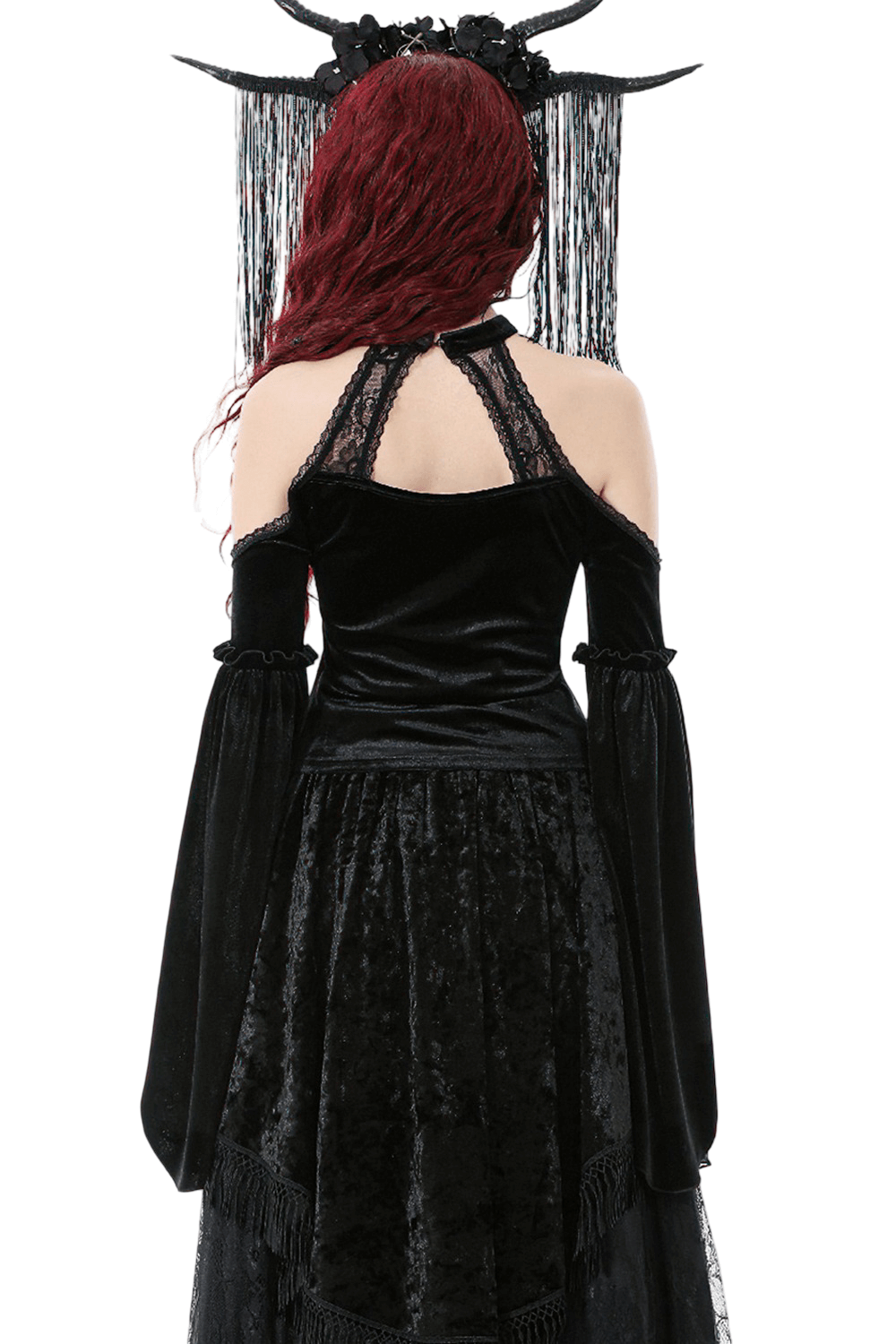 Edgy Lace Off-Shoulder Gothic Top with Dramatic Sleeves shown from the back, featuring lace detailing and dramatic sleeves.