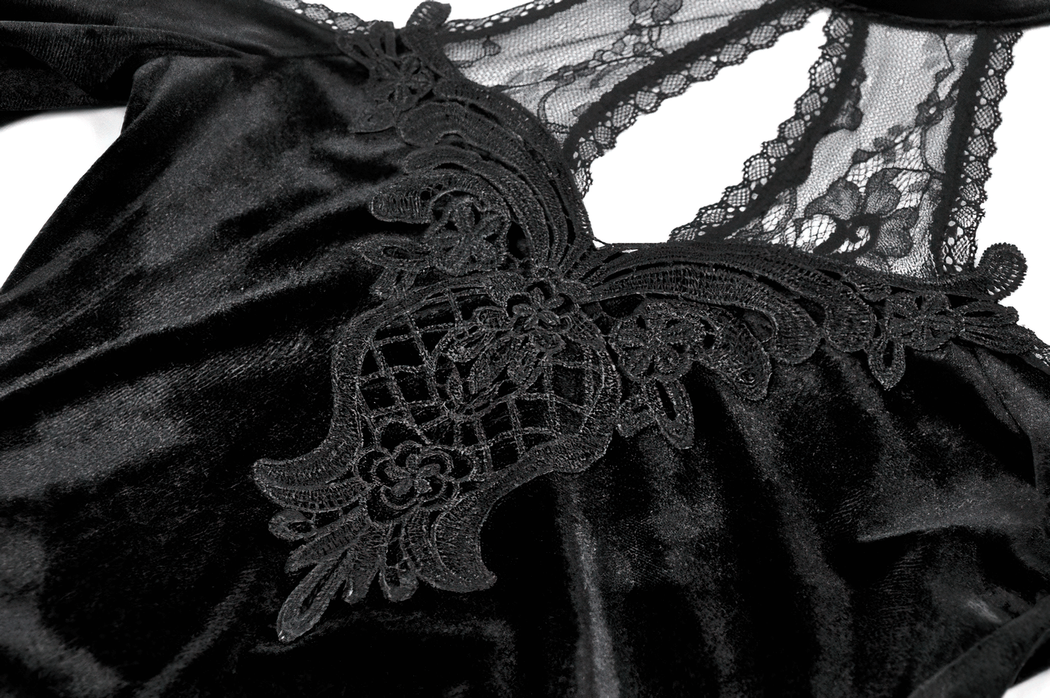 Edgy Lace Off-Shoulder Gothic Top with Dramatic Sleeves close-up of intricate lace detailing and velvet fabric.