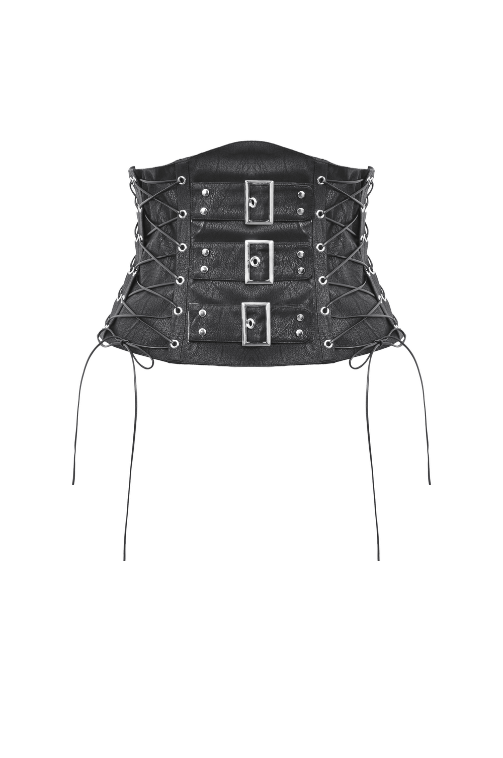 Edgy lace-up black leather corset belt with buckles and intricate design for a bold look.