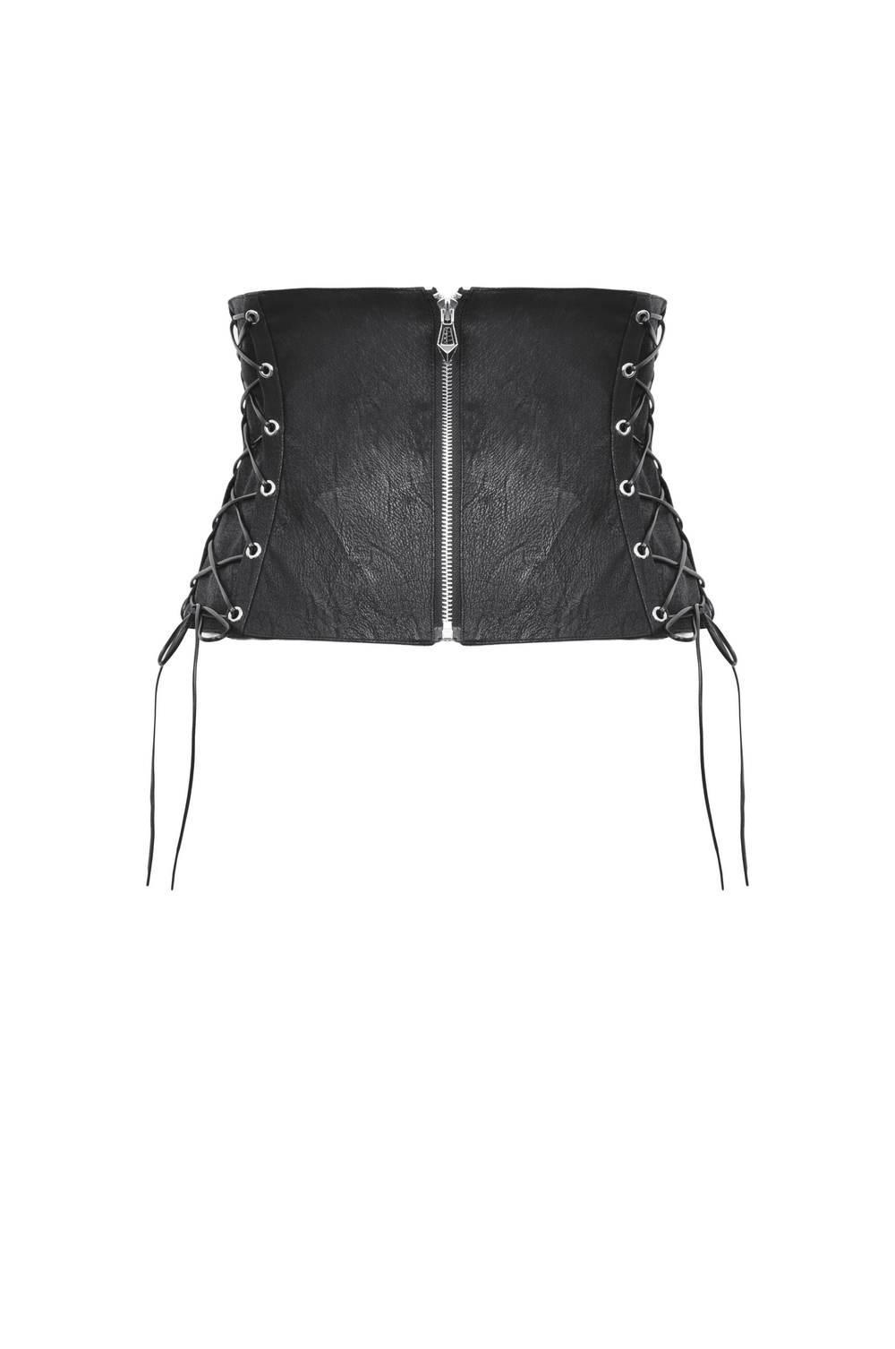Edgy black leather corset belt featuring lace-up sides and a zip closure for a bold, stylish look.