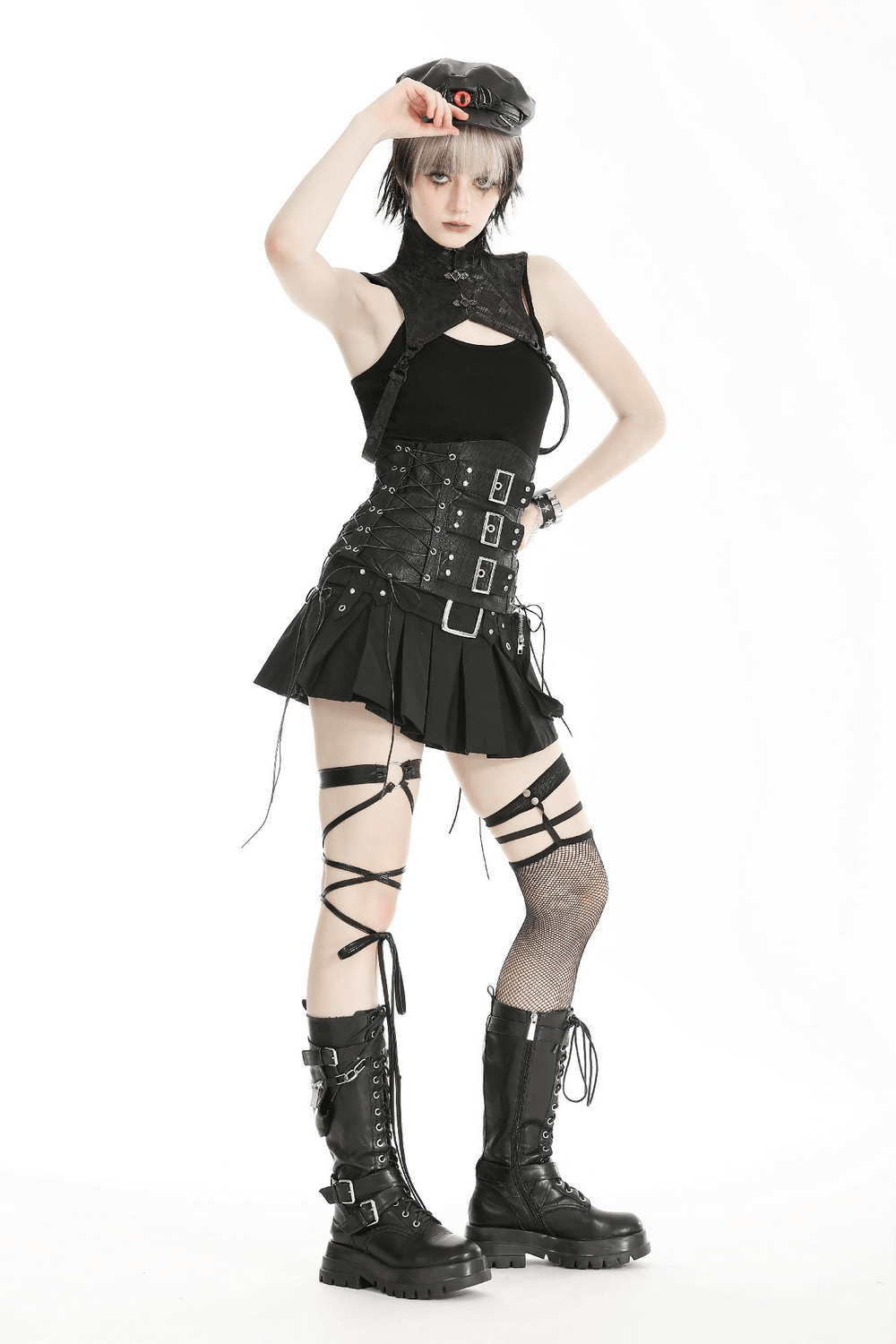 Model showcasing an edgy black lace-up corset belt with buckles, paired with stylish accessories and bold footwear.
