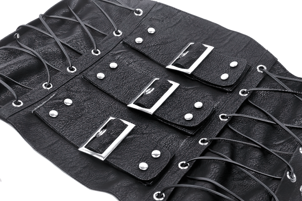 Edgy black leather corset belt with lace-up design and metallic buckles for a stylish look.