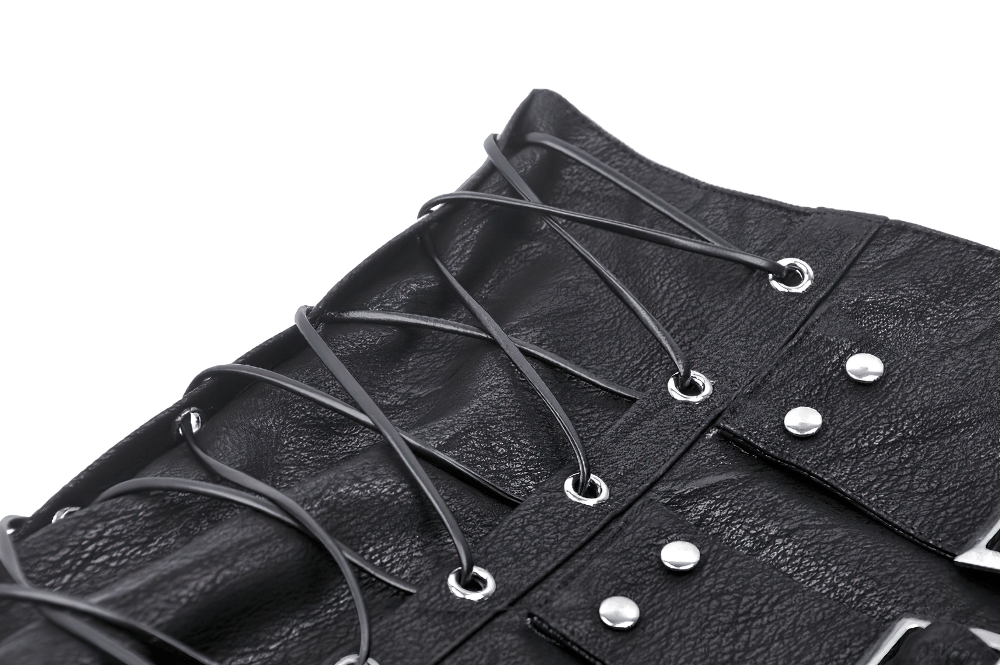 Close-up of black leather corset belt featuring lace-up design and metallic buckles, perfect for edgy fashion styles.