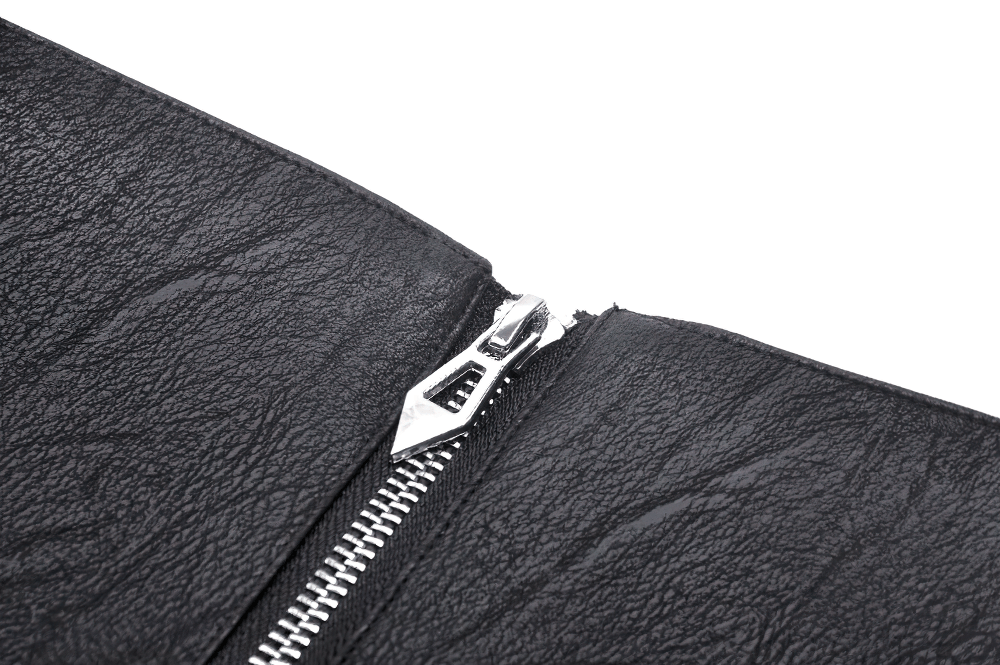 Close-up of a black leather fabric with a metallic zipper, showcasing edgy design details.