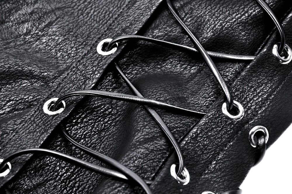 Close-up of the lace-up design on a black leather corset belt, showcasing intricate detailing and edgy style.