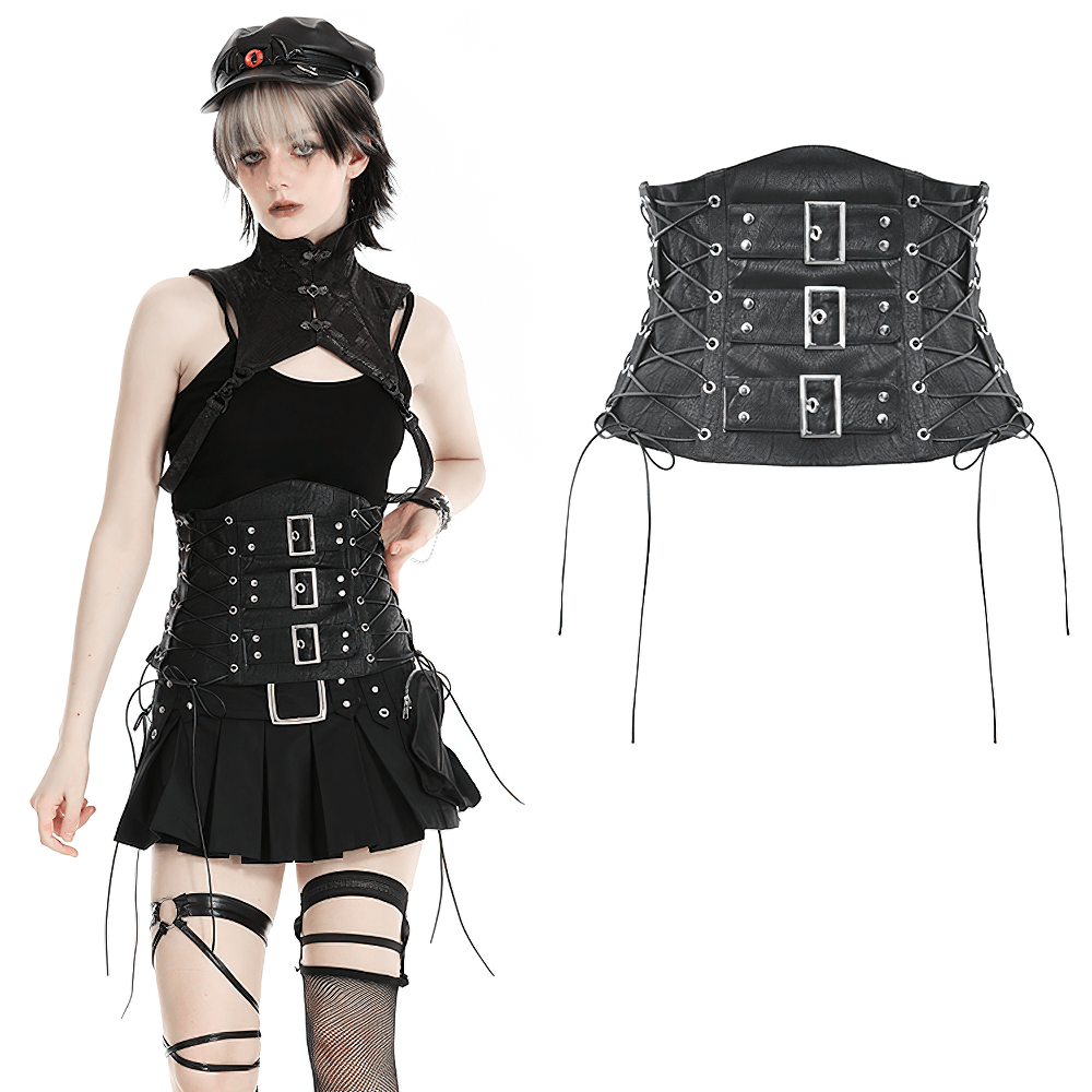 Edgy Lace-Up Black Leather Corset Belt with Buckles