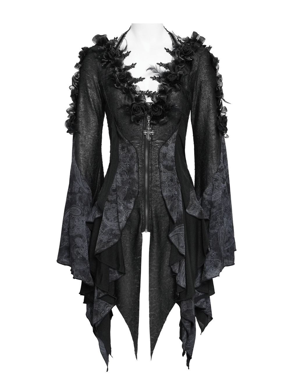 Edgy Lace-Up Blouse with Rose Trim and Bell Sleeves showcasing gothic lace detail and dramatic flared sleeves.