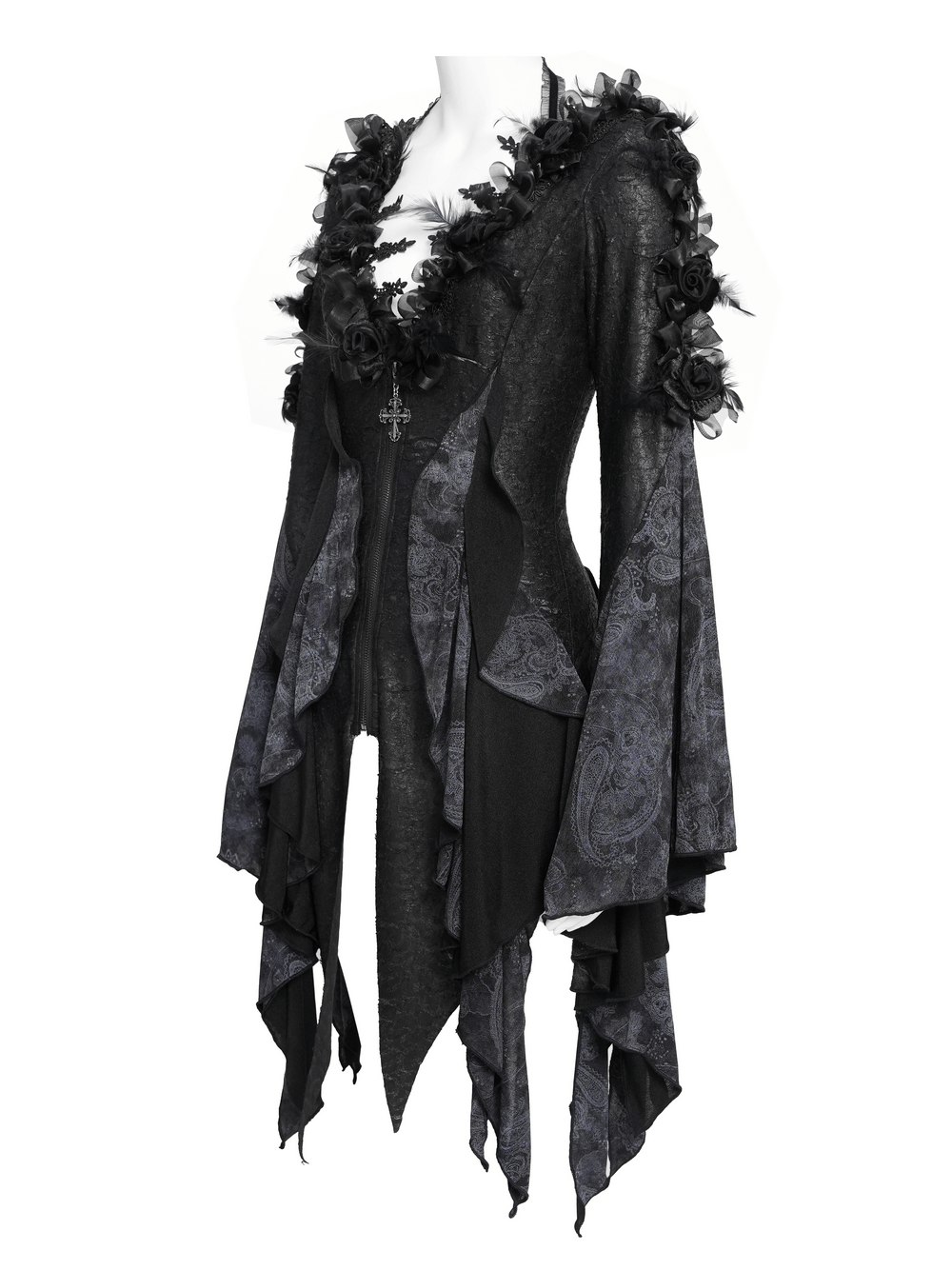 Edgy Lace-Up Blouse with Rose Trim and Bell Sleeves displayed on mannequin with paisley panels and rose trim.