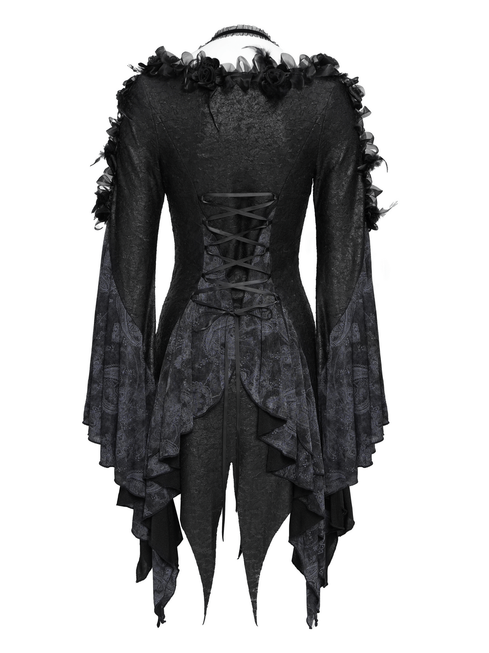 Edgy Lace-Up Blouse with Rose Trim and Bell Sleeves featuring a lace-up back and dramatic flared sleeves.