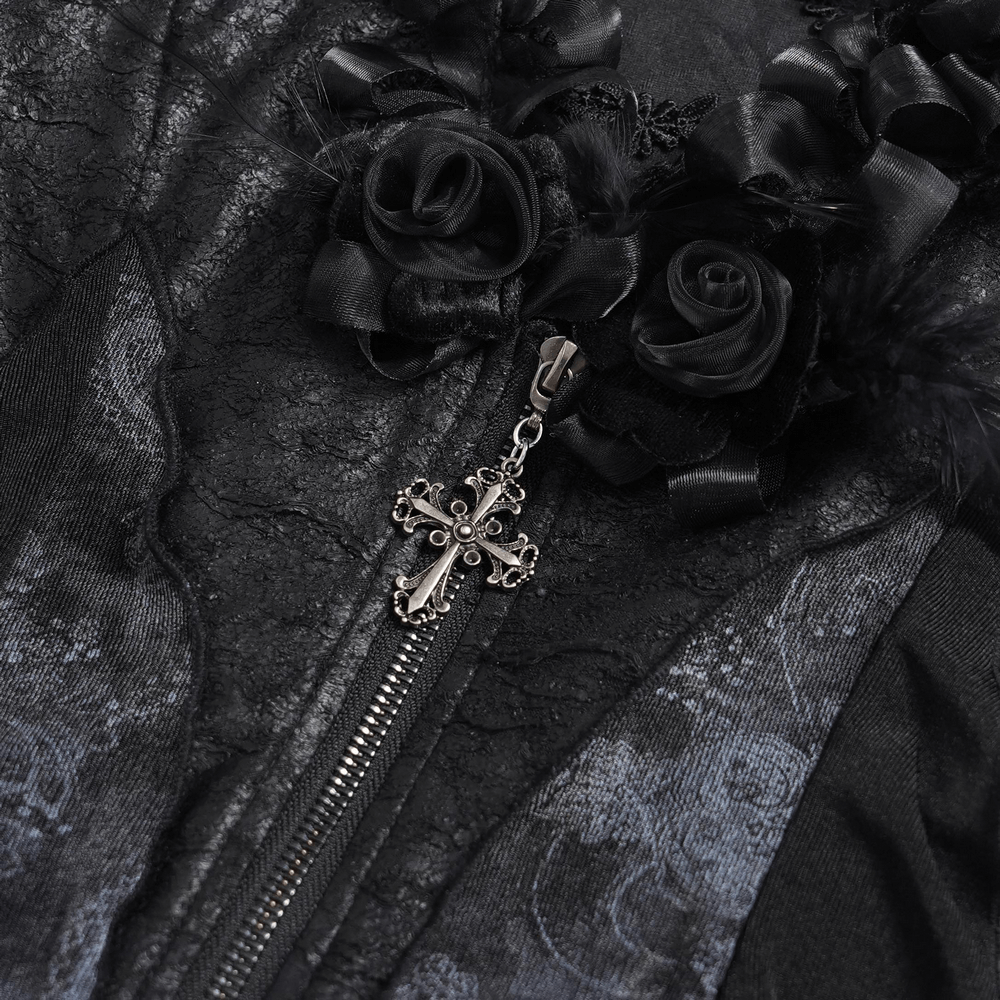 Edgy Lace-Up Blouse with Rose Trim and Bell Sleeves featuring floral appliques and detailed zip front design.