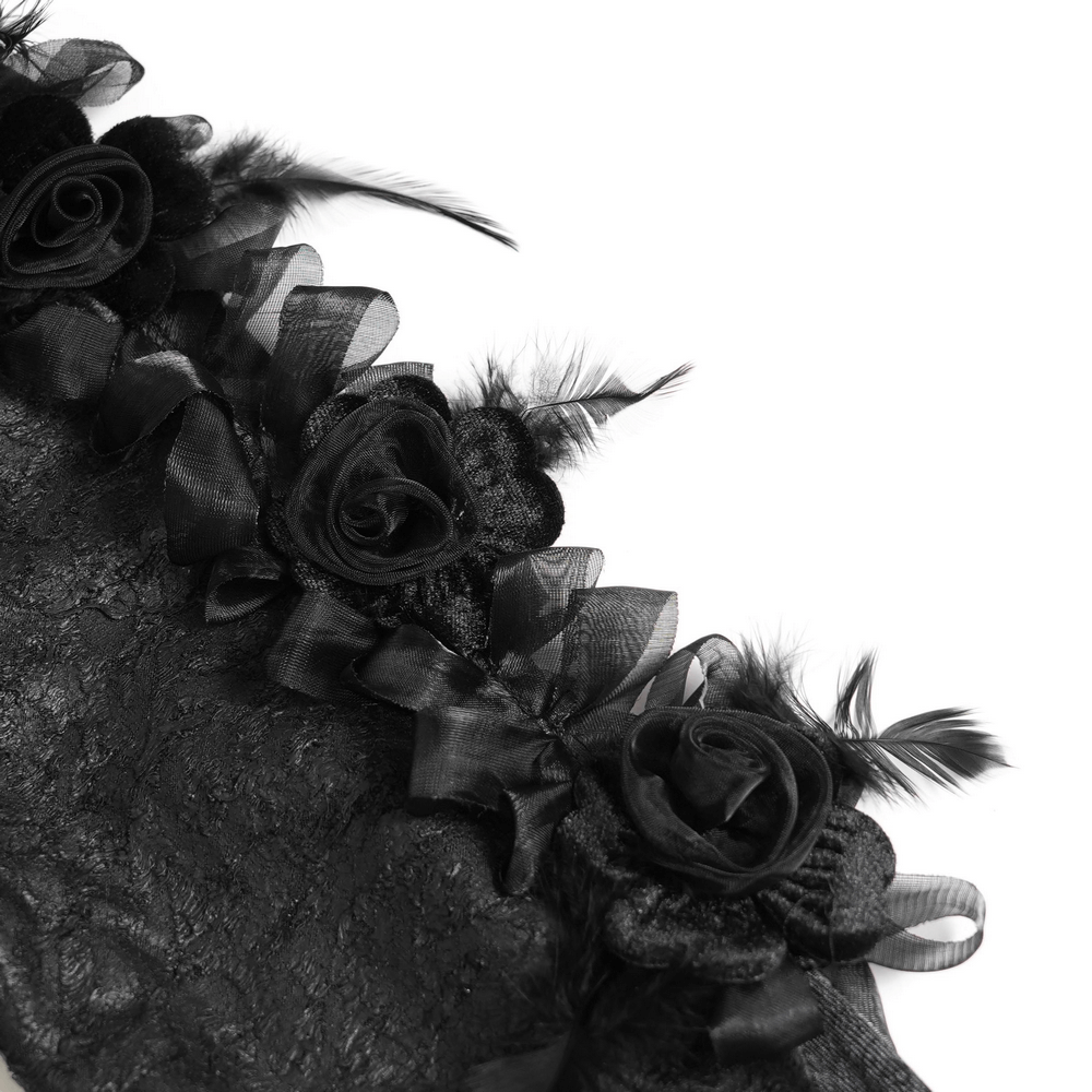 Edgy Lace-Up Blouse with Rose Trim and Bell Sleeves featuring black floral appliques and delicate ruffles.