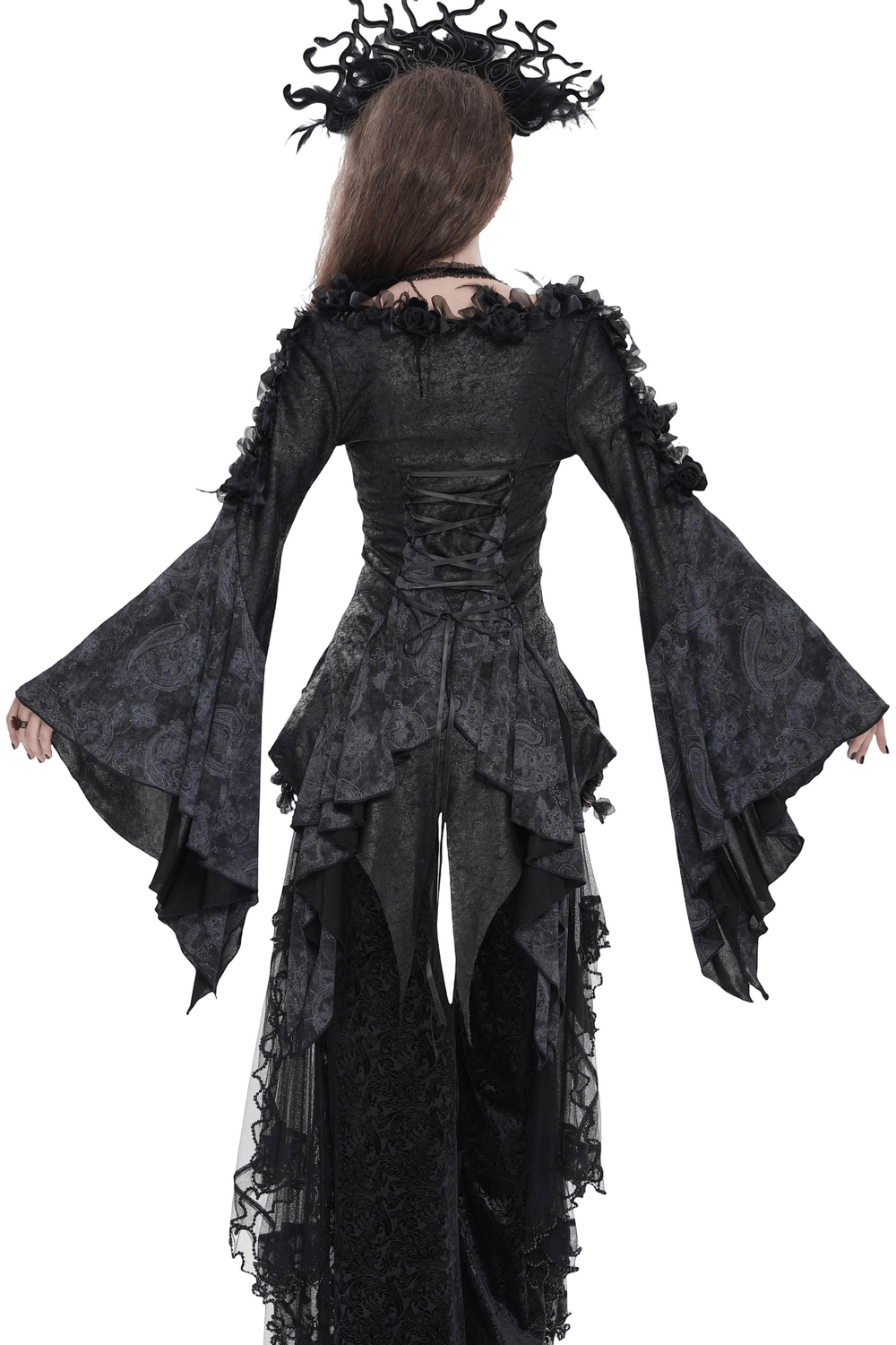 Edgy Lace-Up Blouse with Rose Trim and Bell Sleeves showcasing dramatic flared sleeves and layered draped panels.