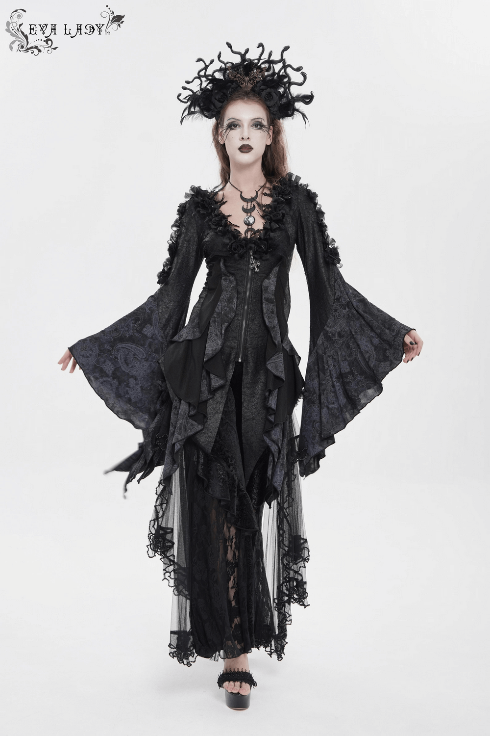Edgy Lace-Up Blouse with Rose Trim and Bell Sleeves in a dramatic gothic style with flared sleeves and 3D rose details.