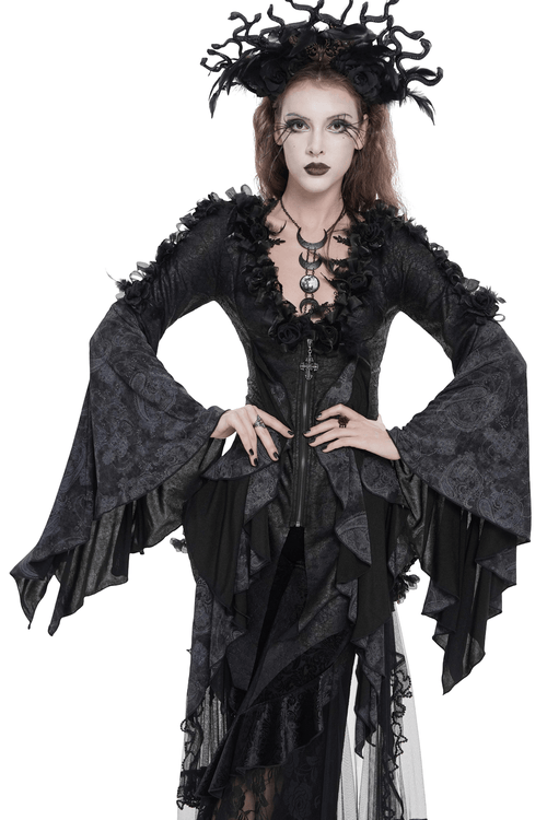 Edgy Lace-Up Blouse with Rose Trim and Bell Sleeves