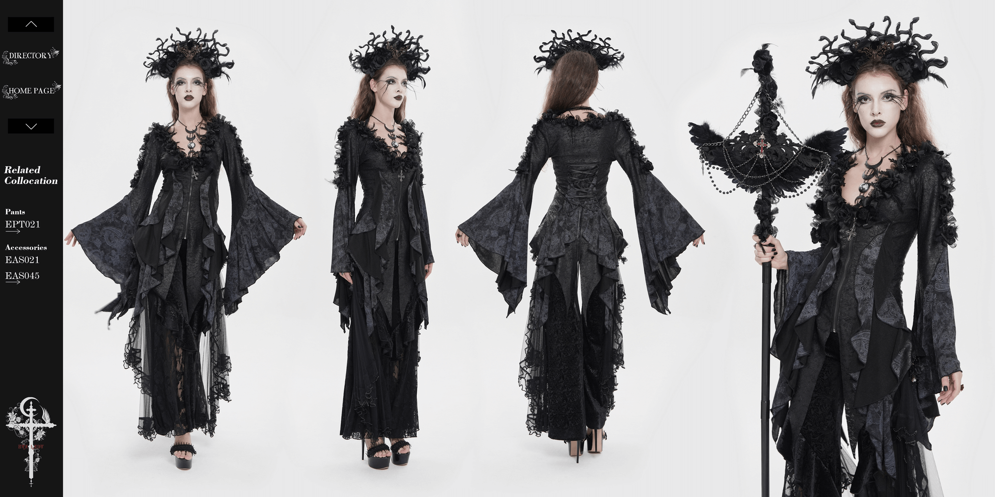 Edgy Lace-Up Blouse with Rose Trim and Bell Sleeves worn by a model with gothic makeup and accessories.