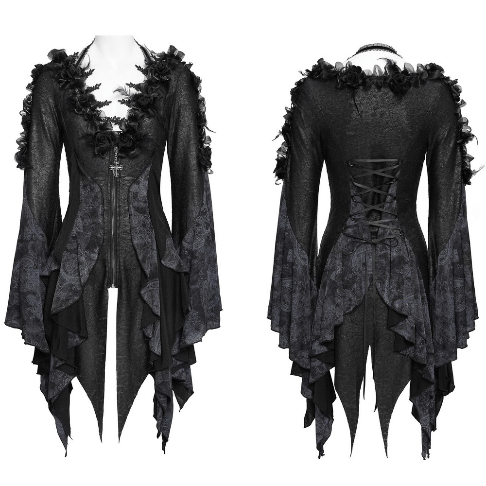 Edgy Lace-Up Blouse with Rose Trim and Bell Sleeves showcasing floral details and dramatic flared sleeves.