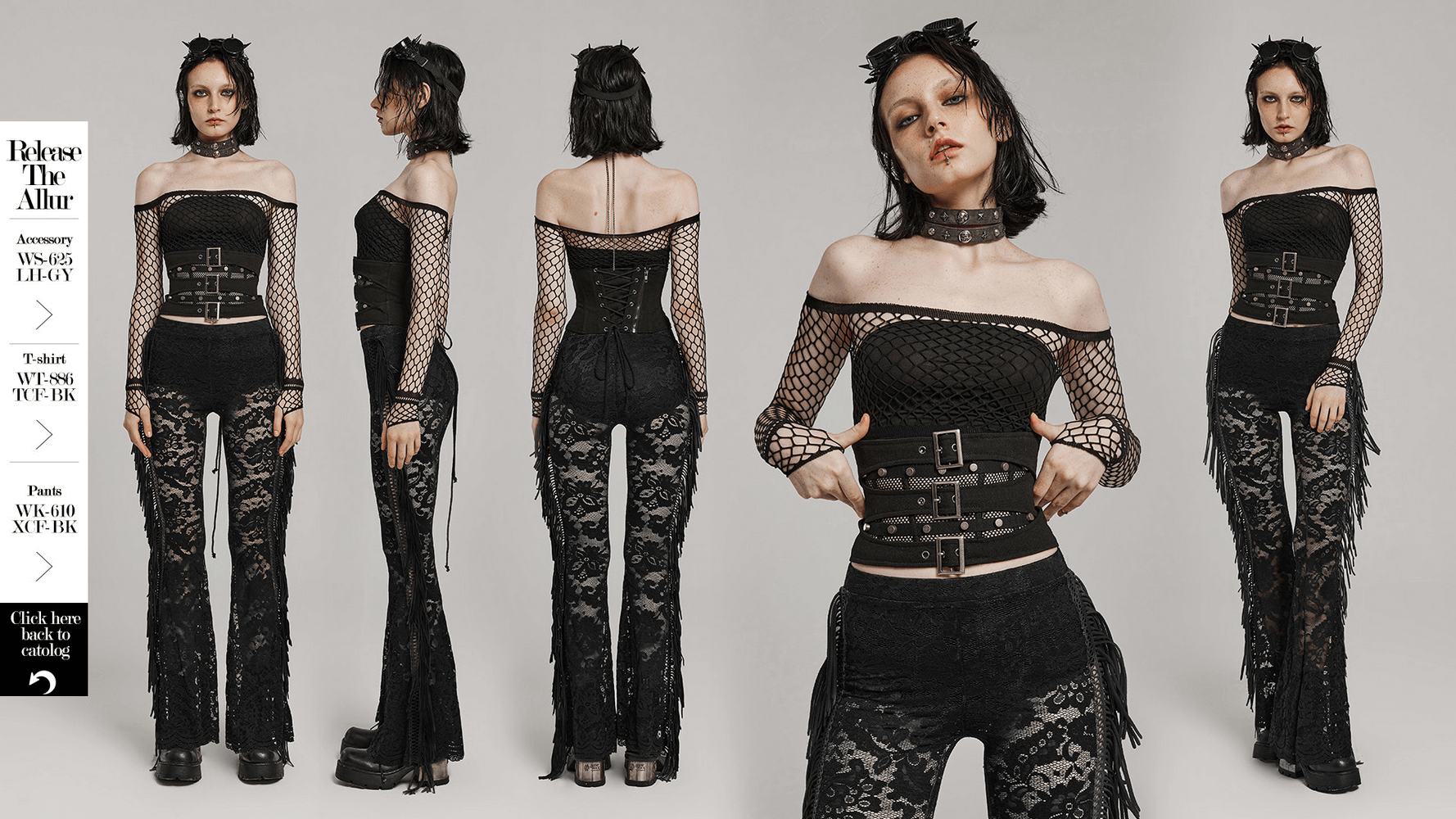 Edgy lace-up corset belt featuring mesh layers and buckles, styled with punk fashion for a bold look.