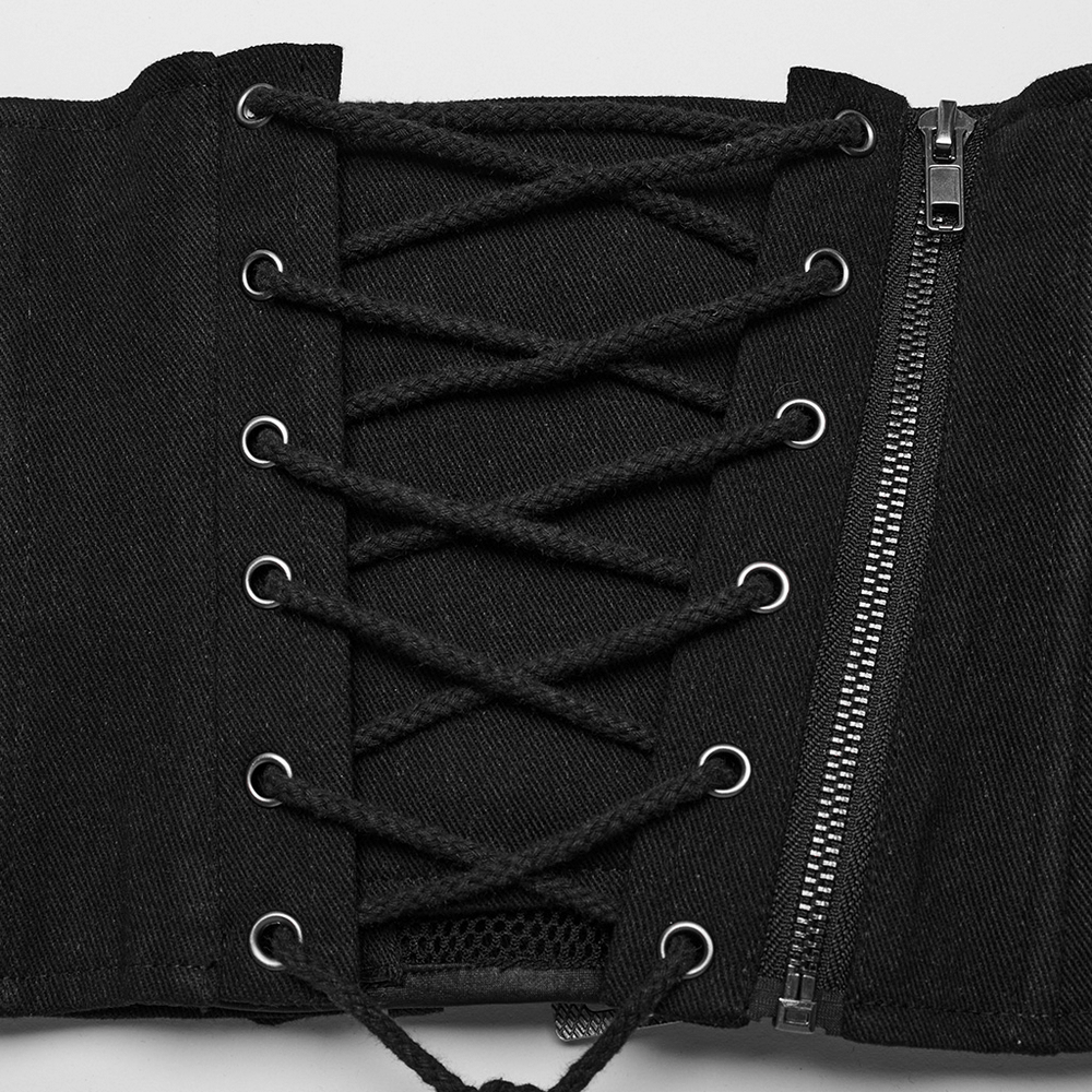 Black lace-up corset belt featuring mesh and buckle details for an edgy punk fashion statement.