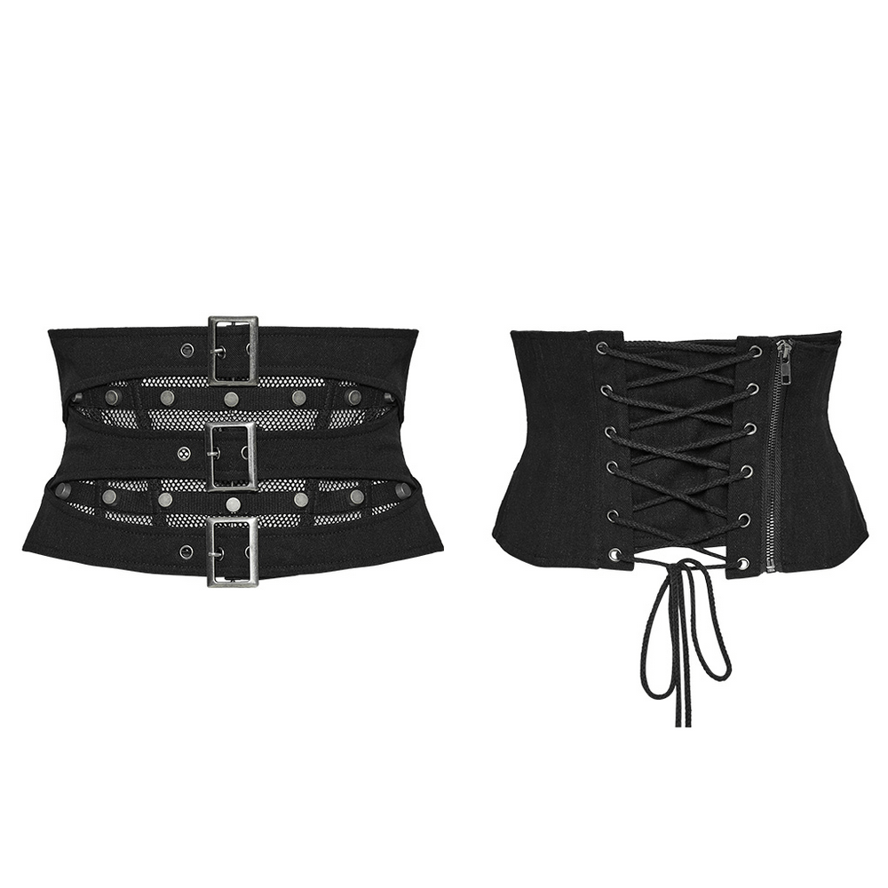 Edgy black lace-up corset belt featuring mesh layers and buckle details for a bold punk fashion statement.