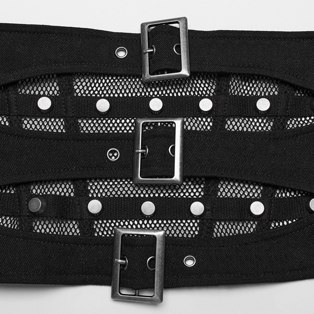 Close-up of edgy black lace-up corset belt featuring mesh layers and metallic buckle details.