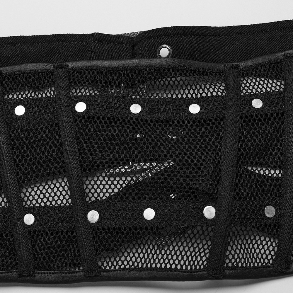 Edgy black lace-up corset belt featuring mesh layers and shiny buckle details.