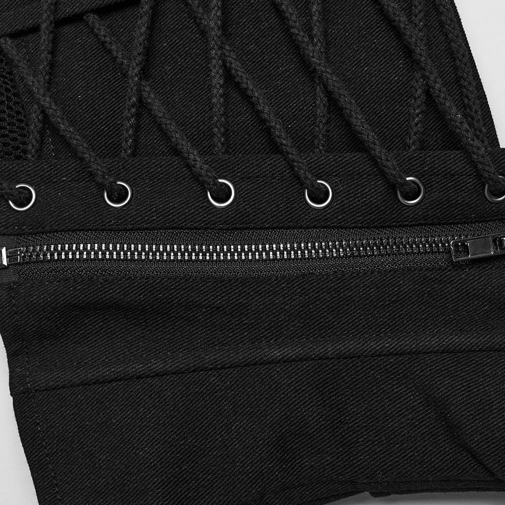 Close-up of black corset belt showcasing edgy lace-up design and metallic zipper details.