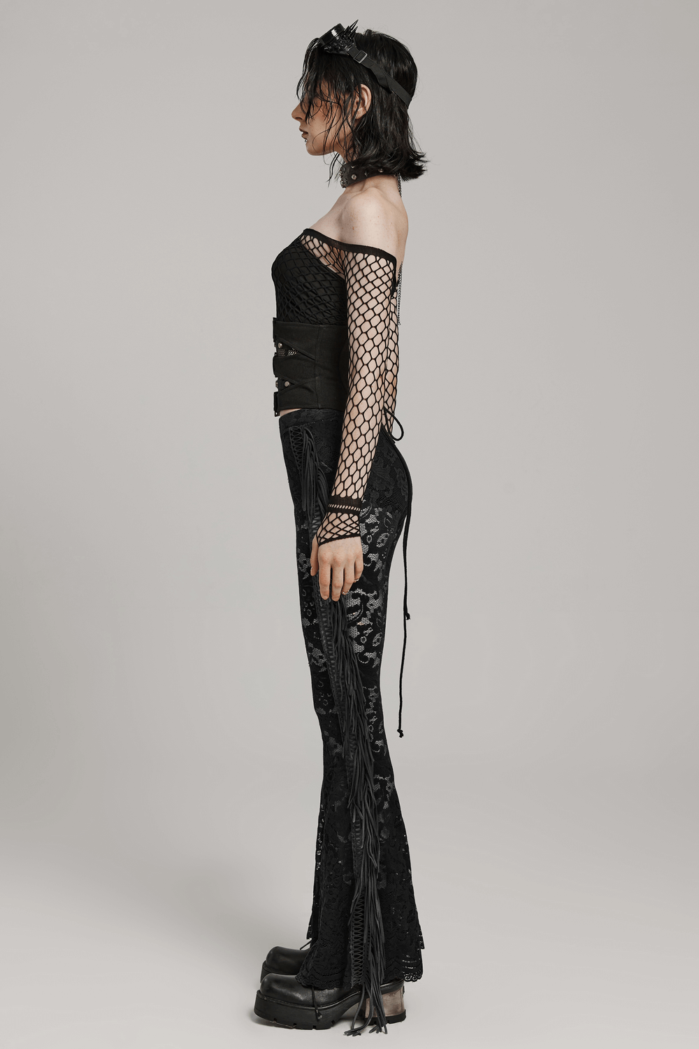 Edgy Lace-up Corset Belt with Mesh and Buckle Details