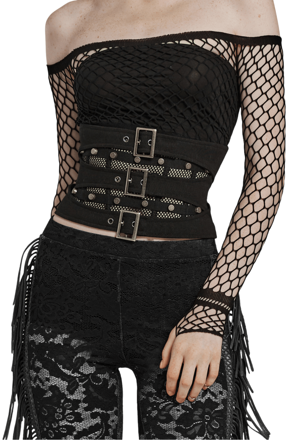 Edgy lace-up corset belt with mesh and buckle details, showcasing a bold punk fashion style.