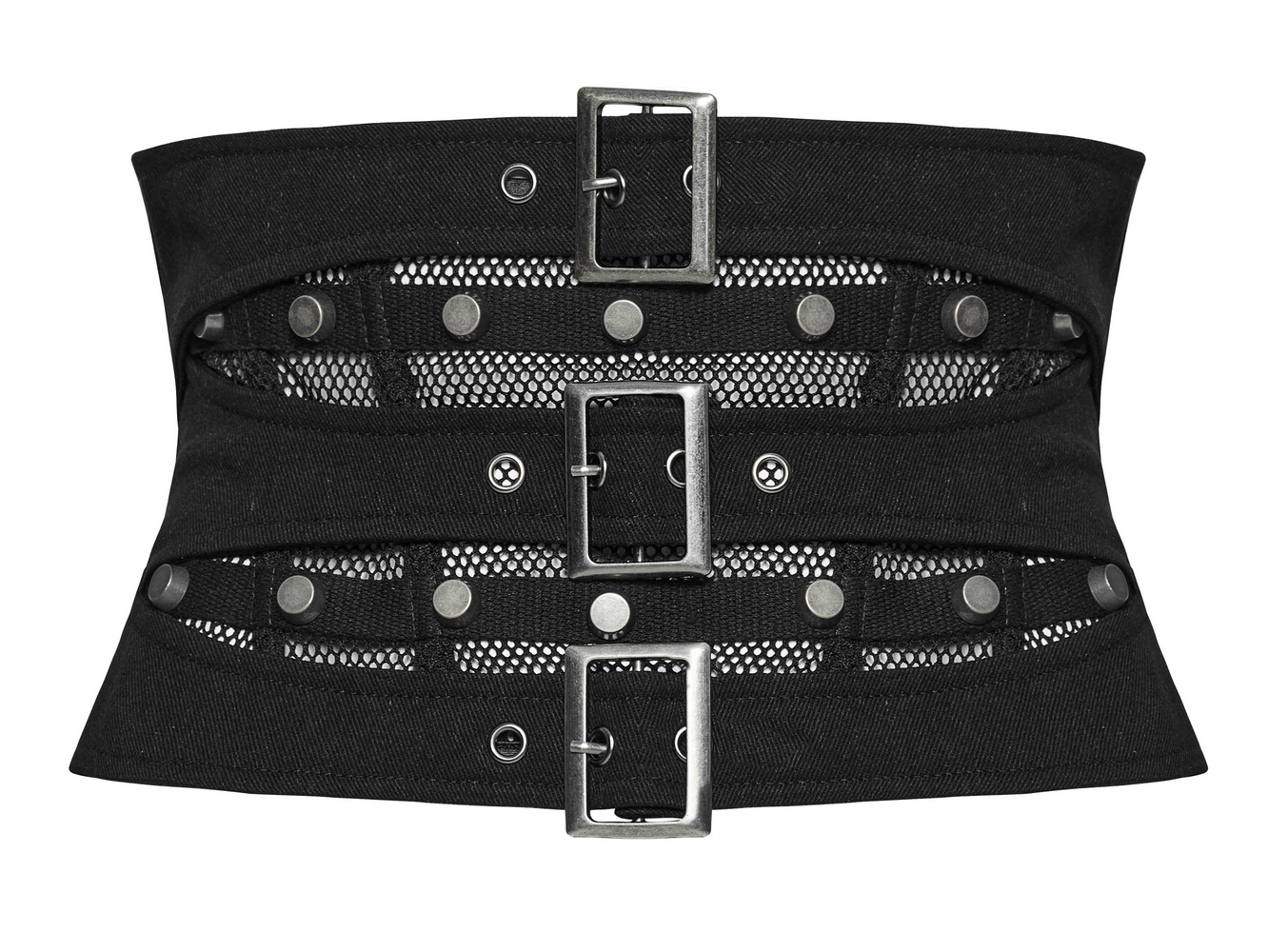 Edgy black lace-up corset belt featuring mesh layers and bold buckle details, perfect for a punk-inspired look.