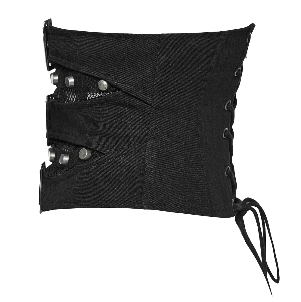 Edgy black lace-up corset belt with mesh and buckle details for a bold punk fashion statement.